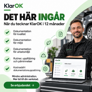 KlarOK erbjuder bilverkstäder komplett dokumentationsuppsättning för kvalitet, miljö och arbetsmiljö utan extra kostnad vid 12 månaders prenumeration.