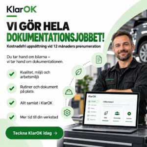 KlarOKs årsprenumeration omfattar ett digitalt system för kvalitet, miljö och arbetsmiljö samt kostnadsfri uppsättning av verkstadens dokumentation.